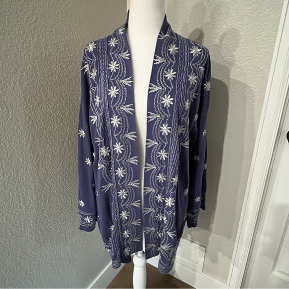 Soft Surroundings Sweaters - Soft Surroundings Open Cardigan Blue Embroidery Linen Cotton 3/4 Sleeve 3EY26
